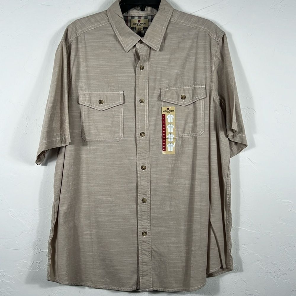 🔥🔥 “NWT” WOOLRICH Beige Cotton Short Sleeve Button‎ Down Shirt Sz XL - NEW
